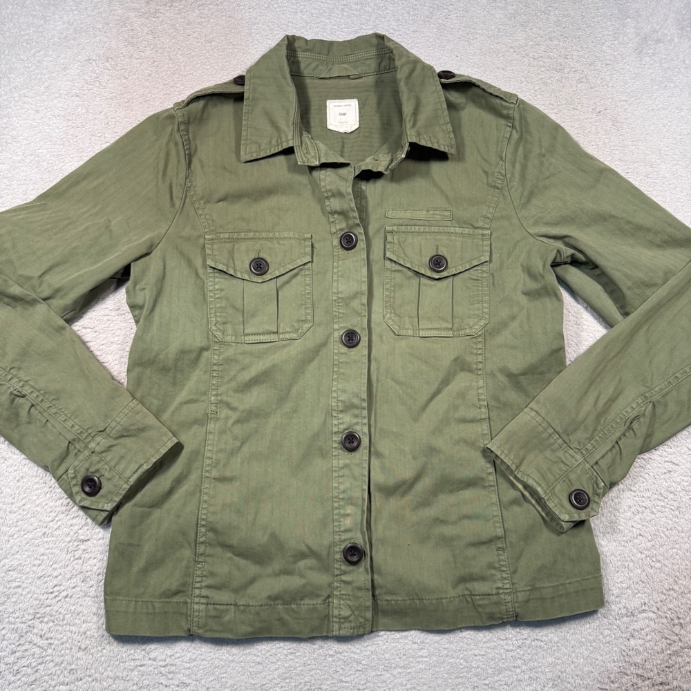 Vintage Y2K Gap Utility Jacket Women S Green Military Field Herringbone Cotton